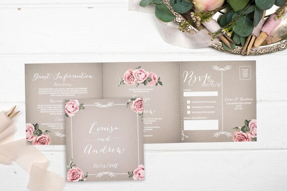 Vintage Wedding Invitation - Double-Folded Grey Floral Framed (landscape)