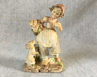 Vintage Farm Girl with Dog Figurine, Norleans Japan