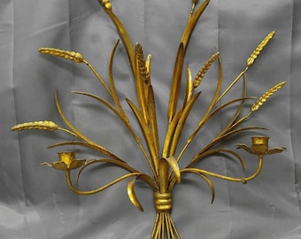Old vintage Italian gold gilt wrought iron candle wall sconce wheat Italy