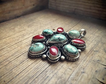 Large Pendant Coral and Turquoise Jewelry, Southwestern Jewelry, Boho Necklace, Native America Style, Turquoise Pendant, Gift for Girlfriend