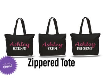 Bridesmaid bag with zipper, bridesmaid gifts, beach bag, bachelorette party gift, wedding tote bags, personalized gifts