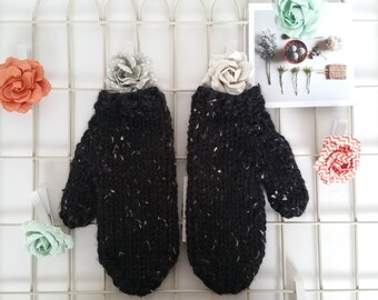Black Hand Knit Mittens, Black Knit Mittens, Black Chunky Knit Mittens, Black Mittens, Black Warm Mittens, Black Chunky Winter Mittens