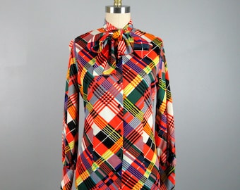 Vintage 1970s Blouse 70s Multi Colored Plaid Blouse with Ascot Bow by Jack Winter Size S/M