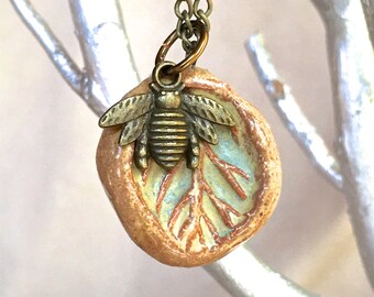 Bee & Leaf Necklace, long ceramic pendant necklace natural jewelry nature aromatherapy necklace essential oil jewelry