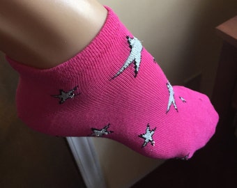 Bright Color Socks with Stars, Sport Socks, Cotton Liner socks, Low Profile, Fun Colors, Star Prints Socks Orange, Hot Pink,Turquoise Cotton