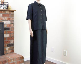 90s linen dress shirt set / vintage black maxi dress + button up shirt / minimalist clothing set