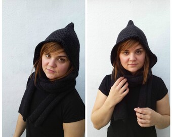 Black knit wool scarf with hood, hooded scarf, black hooded scarf, wool hooded scarf, knit hooded scarf, black wool scarf, knitted hood