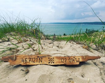 Personalized Gift Longitude Latitude Driftwood Sign Custom Coordinates housewarming gift wood beach lake new house decor wedding couple
