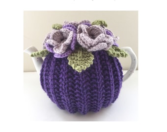 Hand-knitted Floral Tea Cosy in Pure Wool - Size Small - fits standard 1-2 cup teapots