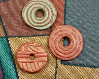 Three One of a Kind Handmade Reversible Round Ceramic Disc Beads, Red Earthenware Enhanced with Terra Sigillata, Jewelry Components