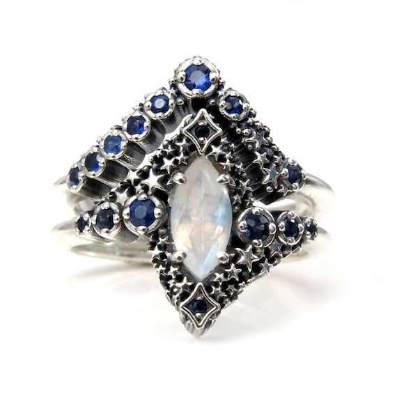 Marquise Moonstone and Sapphire Stardust Engagement Ring Set - Silver Silver - Pick Your Center Stone