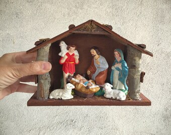 Vintage Nativity Set with Manger or Stable, Nativity Scene Creche Figures, Christmas Decoration, Holiday Decor, Christmas Nativity Creche