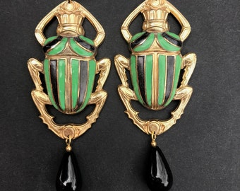 Gold Plated Scarab Earrings With Glass Enamel