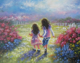 Two Sisters Art Print, two girls holding hands, girls room wall art, two brunette girls, children's wall art flower garden, Vickie Wade Art