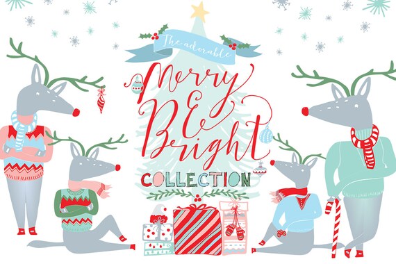 Christmas Clipart, Digital Clip Art, Holiday Clipart, PNG, Vectors - Christmas tree, reindeer, Snowflakes, Deer, Presents, gift