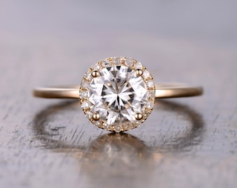 6.5mm Round Cut Charles & Colvard Moissanite Ring Moissanite Engagement Ring Halo Moissanite Ring in 14K Plain Yellow Gold,Bride Ring