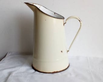 Cream Enamel Small Pitcher, French Vintage Enamelware Jug, Watering Can, Vase