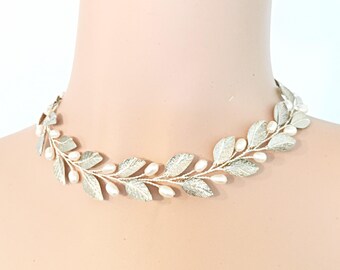 Wedding necklace rose gold, statement necklace for bride, gold bridal necklace pearl, leaf necklace bridal jewelry wedding jewelry bridal