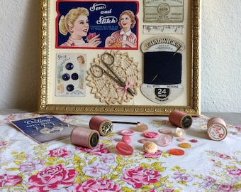 Vintage Sewing Notions Shadow Box, Handmade Framed Sewing Tools, Sewing Room Wall Decor, Sewing Room Decor, Shabby Chic Decor, Cottage Decor