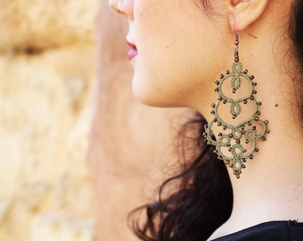 Khaki statement lace earrings //tatted earrings//beaded earrings//Lace jewelry//lace earrings