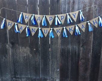 Happy Hanukkah Banner, Holiday Banner, Burlap Banner, Rag Tie Banner, Home Decor, Party Decor