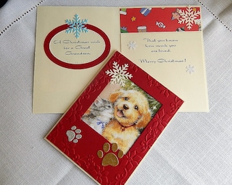 Handmade Christmas Card: grandson, dog, cat, paw prints, red, gold, complete card, handmade, balsampondsdesign