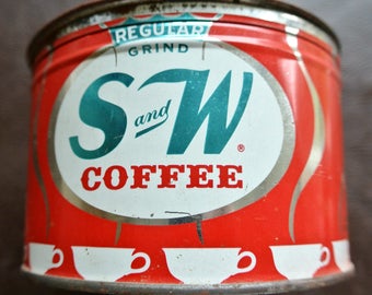 Vintage Coffee Tin, Round Red Metal Tin, Lidded Tin, Vintage Farmhouse Tin, S and W Coffee Tin, Display Tin, Red Coffee Tin
