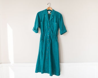 Vintage Teal Summer Midi Dress // 80's Button Down Market Dress // Women's Size 10