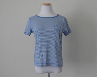 FREE usa SHIPPING Vintage 1980s candy striped women's blue top/blouse/ striped shirt short sleeves / size S