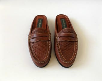 woven penny loafer mules - size 7 1/2 - vintage 90s minimal preppy brown leather slip on shoe - ladies oxford flats - 1990s hipster hippie