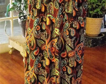 2XX Jersey Knit Dress/ Macrame Trim Paisley Print Maxi Dress/ Retro Poly Spandex Plus Size Dress/ Shabbyfab Funwear