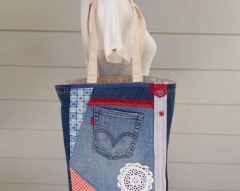 Canvas Market Bag with Crazy Denim Patchwork, Tote Bag, Shopping Bag