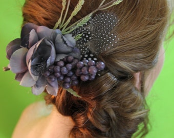 Gray and Purple Floral with Feather and Wheat Spray Hair Clip "Peyton"
