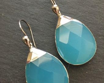 Gemstone Earrings, Chalcedony earrings, Aqua Dangle Earrings, Drop Earrings, Gift for Women, Sterling Silver