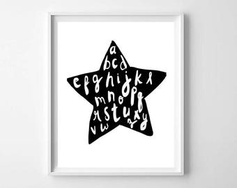 Printable Black and White Alphabet Star, Kids Room Decor, Modern nursery decor, Nursery wall art printable, Alphabet Star Print