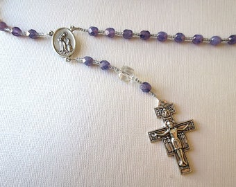 Franciscan Crown Rosary of Amethyst colored Glass with Saint Francis/ Saint Anthony Center and San Damiano Cross