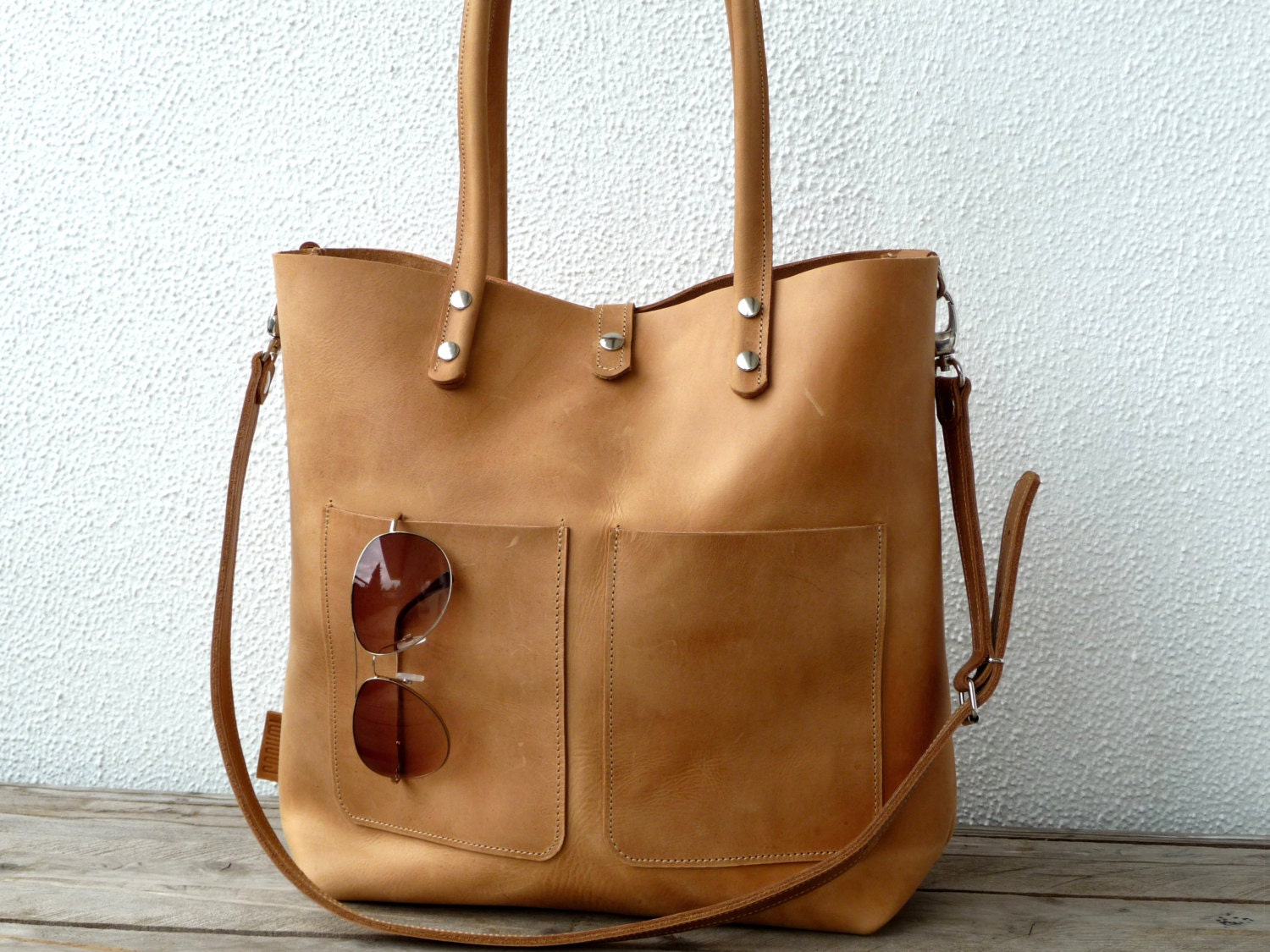 Enie Frontpocket camel Leather tote tote bag women leather