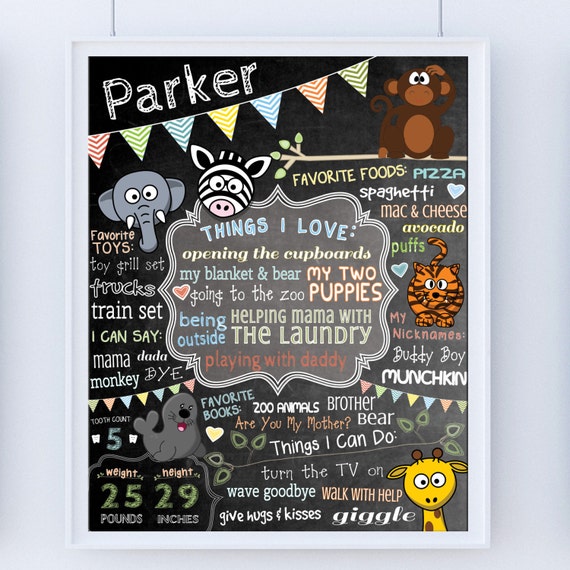 First Birthday Zoo Animals Chalkboard Poster One Year