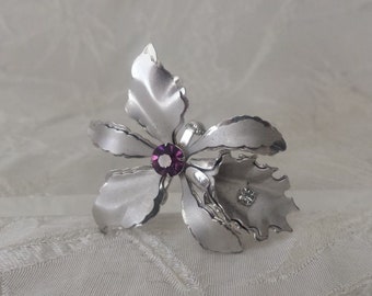 Vintage Silver Rhinestone Orchid Pin Pendant Costume Jewelry