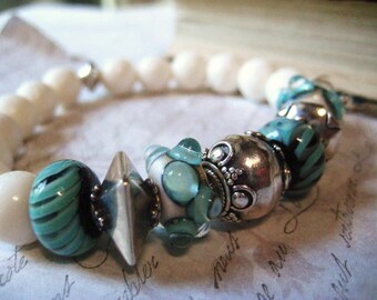Lampwork Bracelet, Artisan Glass, White Coral Beads, Natural Coral, Sterling SIlver, Bali Beads, Aqua Teal Black, Artisan Beads, candies64