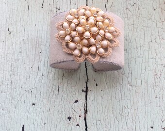 Pale Grey Ultrasuede Adjustable Cuff with Nosegay