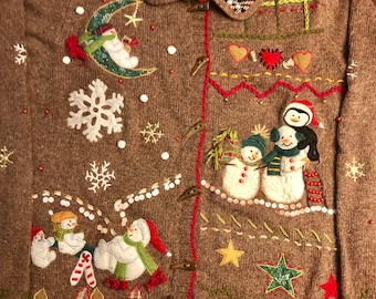 Super Tacky Vintage Ugly Christmas Sweater, Snowmen, Hearts, Snowflakes, Stars, Plaid, Woman's Size Medium, Clean!
