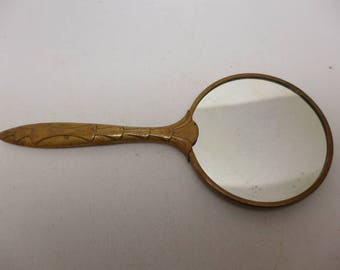 Vintage Art Deco Hand Mirror - Vintage Hand Mirror - Brass Hand Mirror - Cosmetic Glass Mirror - Magnifying Mirror.