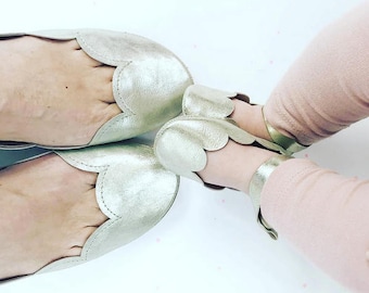 Baby Shoes in Soft Gold Leather Handmade Unique Scalloped Ballerinas Flats - Matching Mommy and Daughter Shoes