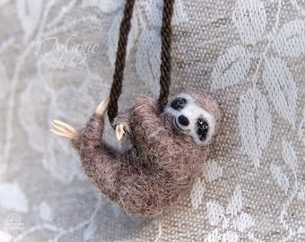 Braided necklace with needle felted sloth, animal jewelry, sloth pendant, wool animal totem, sloth necklace, animal gift, birthday