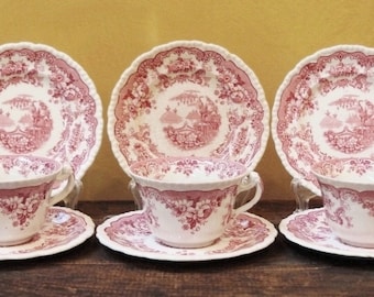 Vintage Red and White Ironstone Cup, Saucer and Side Plate Trio's, English. 3 sets.