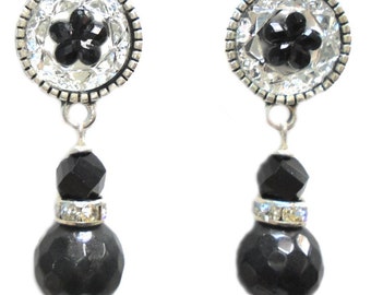 Black Faceted Jade Gemstone Crystal Roundel Resin Flower Bead Silver Earring Set