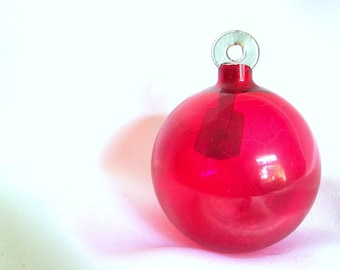 Vintage WWII Christmas Ornament, Unsilvered Red Holiday Ornament with Round Paper Hanger