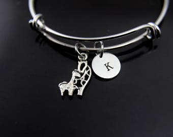 Giraffe Bracelet Silver Giraffe Charm Bangle Giraffe Jewelry Expandable Bangle Personalized Bangle Initial Charm Initial Bangle