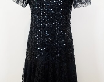 80s Black Rose Floral Lace Drop Waist Sequined Short Sleeve Mermaid Gothic Formal Party Dress